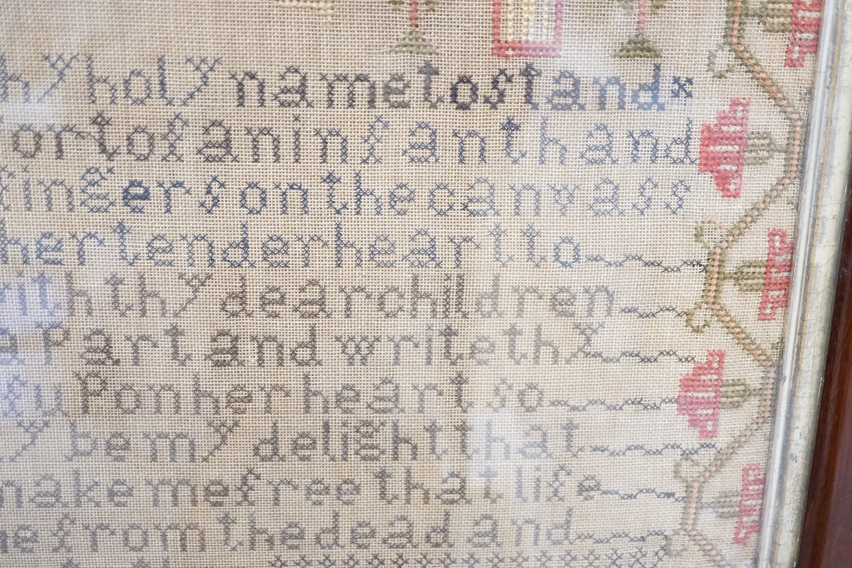Five various Victorian needlework samplers, and another, 1927, largest 41cm wide x 46cm high